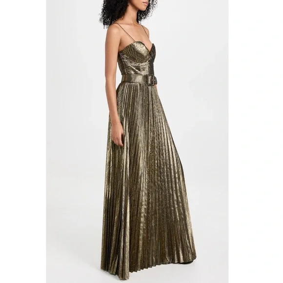 New Rebecca Vallance Josie Metallic Plisse Lame Gown Maxi Dress Gold Sz 12 - Picture 3 of 13